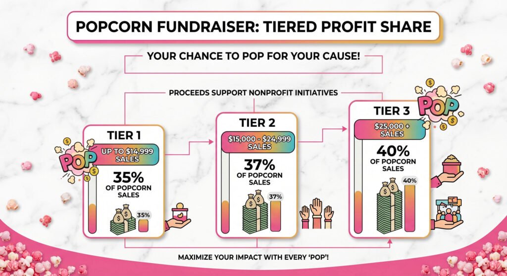 POP for Purpose tiered profit share: your group keeps 35% of popcorn sales up to $14,999, 37% from $15,000 to $24,999, and 40% at $25,000 and up.
